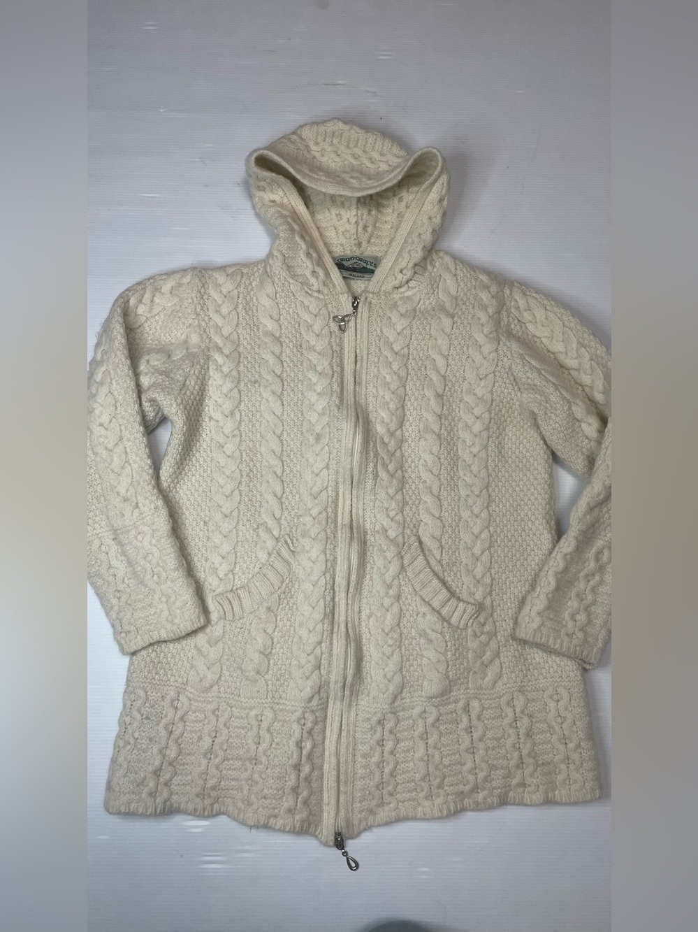 Aran Crafts Women's Merino Wool Cream Cable Knit Hooded Zip Up Cardigan Size S